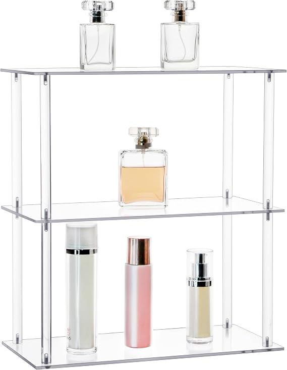 Jusalpha Rectangular 3 Tier Clear Acrylic Tabletop Display Stand,Bathroom Vanity Cosmetic Makeup Organization Shelves, Home Decor Display Stand (3 Tier, Rectangular)