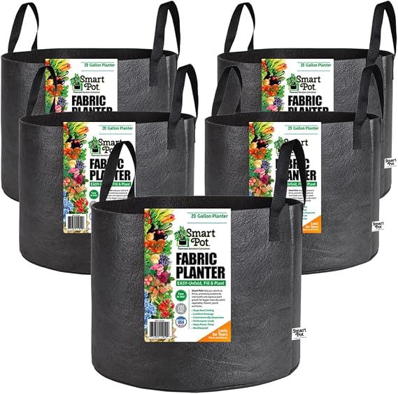 Smart Pot Soft-Sided Fabric Garden Plant Container Aeration Planter Pots, 20 Gallon with Strap Handles, Black, 5 Pack