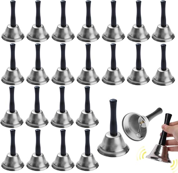 24 Pcs Hand Bells Steel Service Handbells Black Wooden Handle Diatonic Metal Bells Musical Percussion for Church Wedding Dinner Calling Decor (Silver)