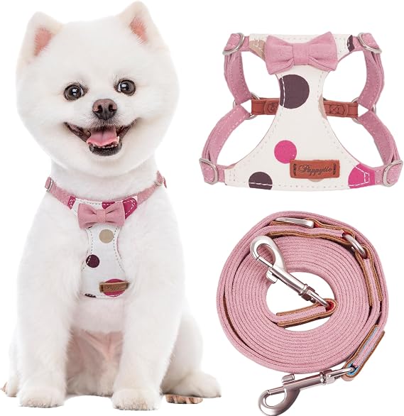Puppytie No Pull Dog Harness with Multifunction Dog Leash,Soft Adjustable No Choke Escape Proof Pet Harness Vest for Medium Dogs,Polka dots Pink,M