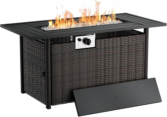LEVELEVE 44 Inch Propane Fire Pit 50000 BTU 2 in 1 Outdoor Gas Fire Pit Table with Removable Lid, Waterproof Cover, Glass Rocks,CSA-Listed Rectangle Fire Table for Patio,Garden,Backyard,Black