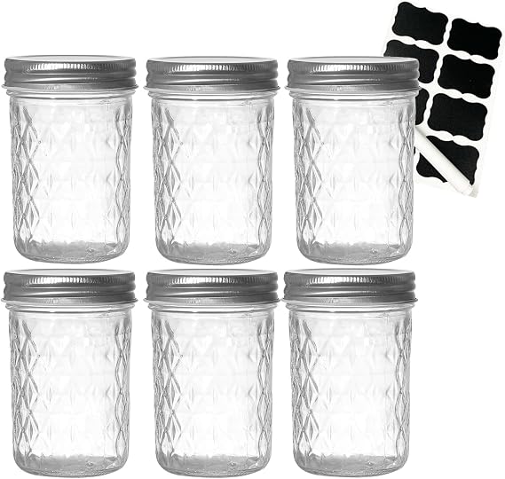 6 Pack Mason Jars 8 oz (240ml) with Regular Lids - Wide Mouth Clear Glass Canning Jars for Pickling, Fermenting, Jam, Overnight Oats, Food Storage & DIY Crafts