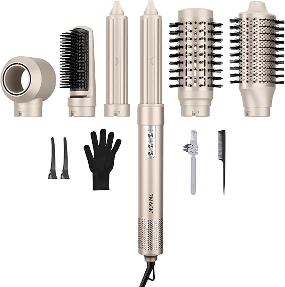 7MAGIC 6-in-1 Hair Dryer Brush, Hot Air Styler with Auto-Wrap Curlers Gold