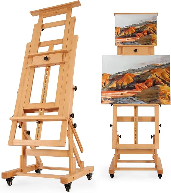 VISWIN Extra-Large Heavy-Duty H Frame Easel, Hold 1 or 2 Canvas up to 79", Tilts Flat & Movable Beech Wood Large Easel Stand for Painting, Adjustable Professional Floor Art Easel for Adults, Artists