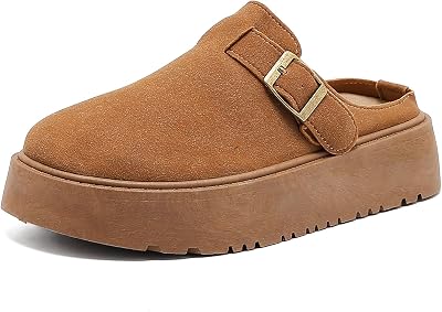 XTJSCBDSH Suede Clogs for Women Adjustable Buckle Platform Mules Cork Footbed Sandals Slip On Slippers Potato Shoes with Arch Support