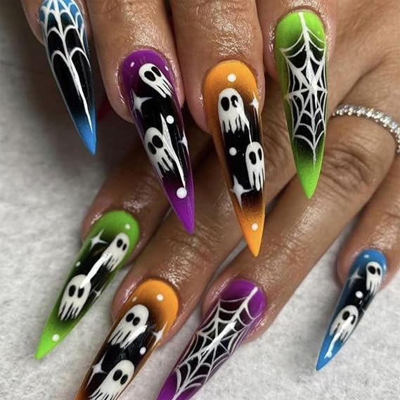 Halloween Press on Nails Medium Almond Colorful Fake Nails Press ons Black Full Cover White Spider Web Ghost Acrylic Nails Gradient Glossy Glue on Nails Artificial Nails for Women Girls 24 Pcs