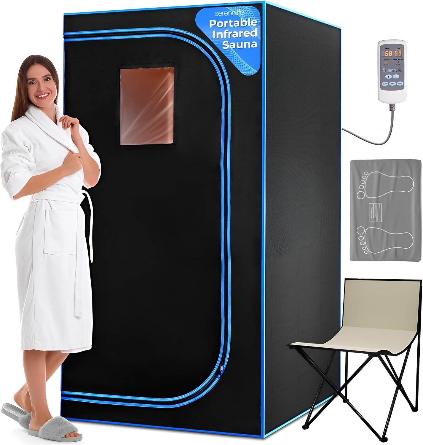 SereneLife Portable Infrared Sauna Tent, Full Size One Person Home Spa Box for Indoor Use, Includes Steam Sauna TentPod, Heating Foot Pad & Folding Chair, Personal Relaxation Steam Room