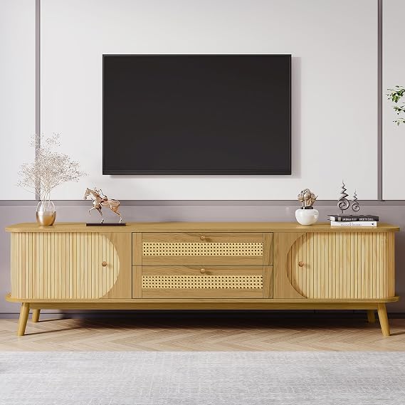 Rattan TV Stand for TVs up to 75'', Modern Entertainment Center with 2 Drawers and 2 Cabinets TV Media Console Table with Solid Wood Feet & Cord Holes for Living Room,Home Theatre, Natural Wood