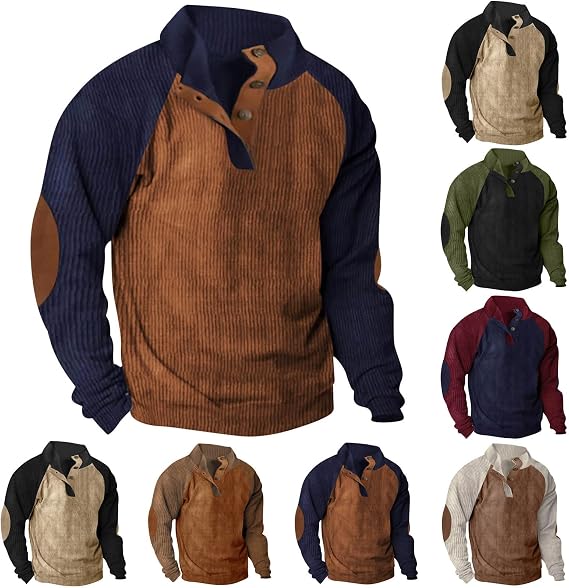 Mens Corduroy Sweatshirt,Fashion Long Sleeve Stand Collar Pullover Sweatshirts Button Up Vintage Sweaters Winter Tops