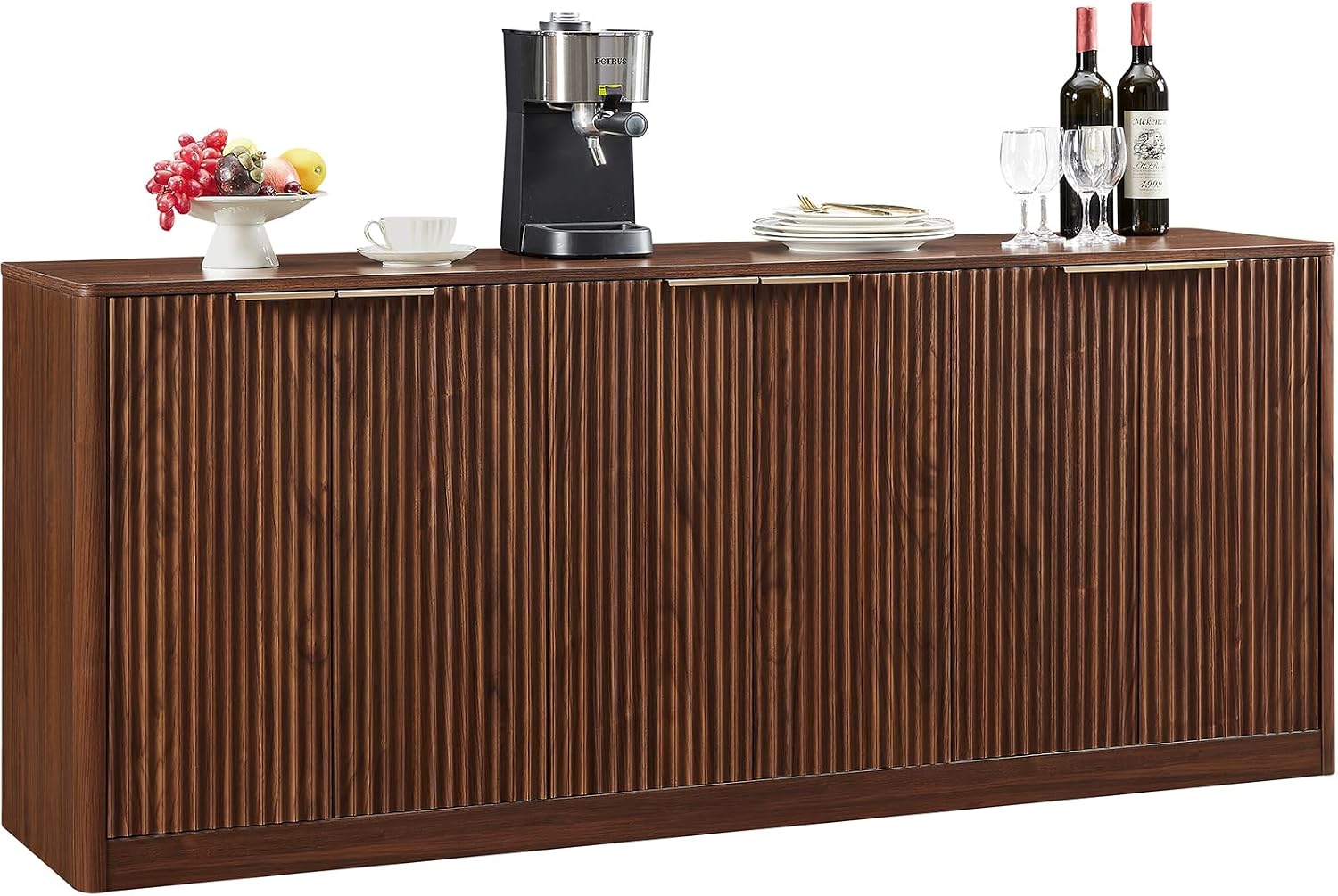 Lyromix 67 Walnut Fluted Sideboard Buffet Cabinet with Storage, Large Kitchen Buffet with Curvy Edge and Doors, Wood Mid Century Modern Sideboard for Living Room