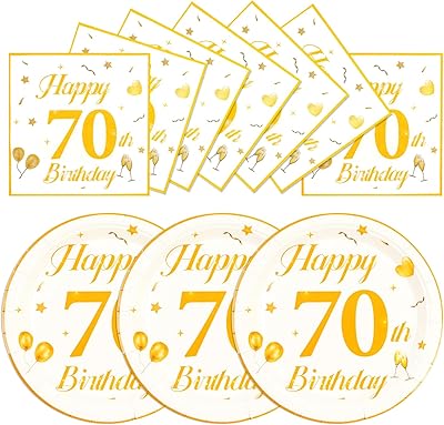 50PCS 70th Happy Birthday Plates and Napkins,7 Inch Premium Wihte and Gold Birthday Dessert Cake Plates Party and Cocktail Napkin for Men and WomenTable Anniversary Decoration