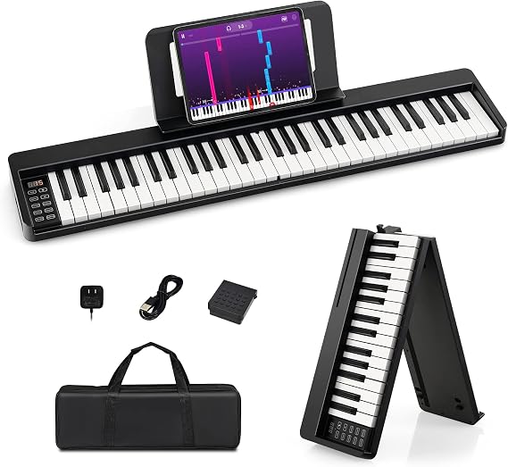 Costzon 61-Key Folding Piano Keyboard, Portable Electric Piano w/Full Size Keys, Music Stand, Sustain Pedal, MIDI, Piano Bag, Power Supply, Digital Piano Keyboard for Beginners, Teens, Adults