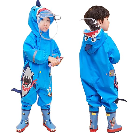 Toddler Boys Rain Suit Lightweight Waterproof Coveralls Cartoon Shark Hoodie Rain Jacket 1-3 years S Size