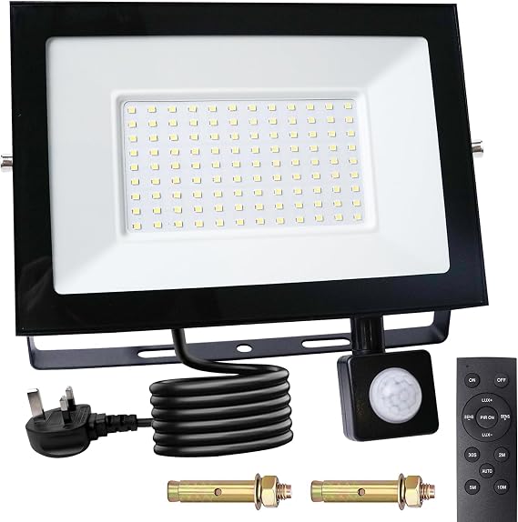 DoRight 100W Security Lights Outdoor Motion Sensor, 5000LM PIR Floodlight with Remote Control IP66 Waterproof Plug in Motion Sensor Outdoor Wall Light Cool White 6000K for Garden, Backyard, Garage