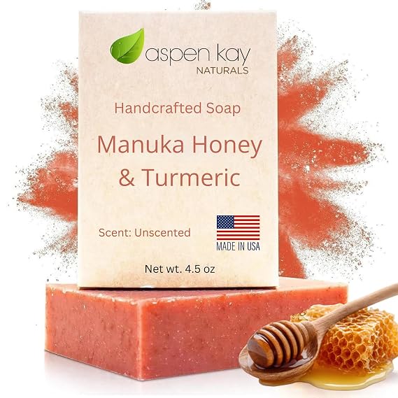 Manuka Honey & Turmeric Soap with Organic Aloe Vera & Shea Butter. 4.5 oz | Unscented Handmade & Cold Process Soap. Turmeric Face & Body Wash Bar - Gentle For All Skin Types. Made in the USA