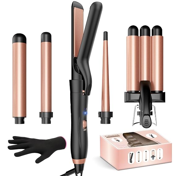 5 in 1 Curling Wand Set-Professional Wand Curling Iron with Flat Iron Hair Straightener, 3 Curling Irons (0.35 "-1.25"), Ceramic Hair Crimper, 2 Temps 30S Fast Heat Hair Waver Curler with Glove & Clip