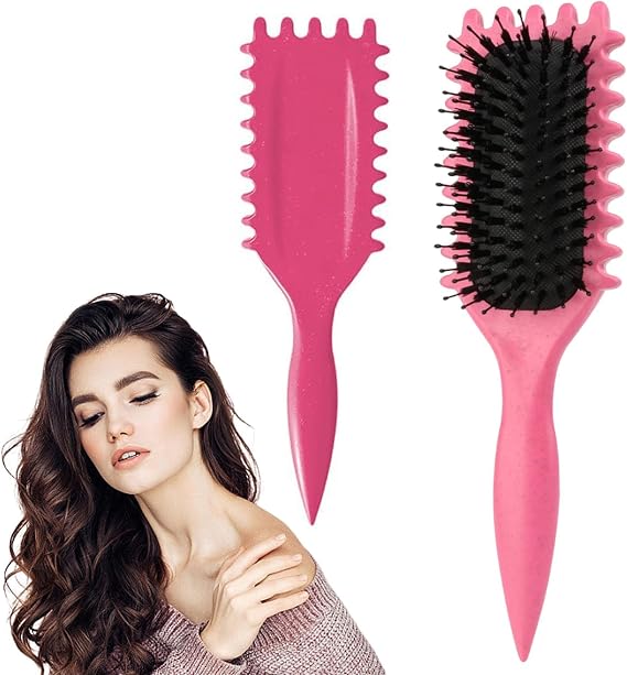Curl Defining Brush for Curly Hair - Boar Bristle Styling Brush for Women & Men - Less Pulling, Pink