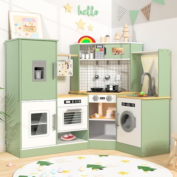 Babytronic Wooden Corner Kids Play Kitchen, Pretend Play Toy Gift for Kids | L-Shaped Kitchen with Lights & Sounds, Includes Ice Maker, Microwave, Oven, Sink & Washing Machine with Accessories (Green)