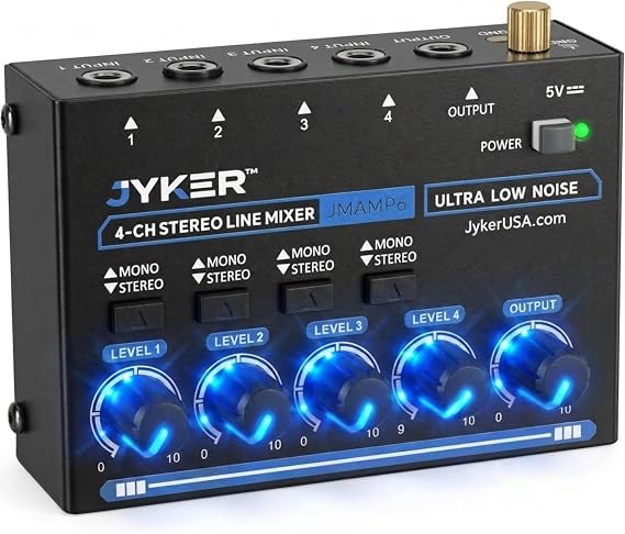 Jyker 4 Channel Stereo Line Mixer, Compact Audio Mixer TS/TRS Line Level Sources, Mono/Stereo Switch, Independent Level Controls, USB-C Powered Low Noise Mixer for Studio, Live, Rehearsal - JMAMP6