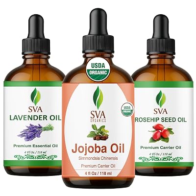 SVA Rosehip, Lavender, and Jojoba Oil 4 oz Bundle Super Saver Combo Premium Grade Value Set for Hair Oiling, Scalp Massage, Hair Care, Skin Care and Body Massage