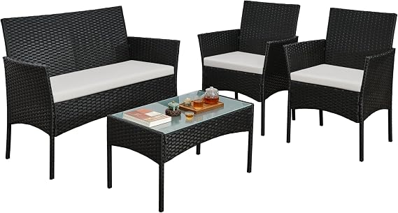 rattanstar Rattan Garden Furniture Sets, Garden Table and Chairs Set 4 | Outdoor Patio Conversation Set with Loveseat, Armchairs, Glass-Top Coffee Table, PE Wicker Sofa Set for Balcony Backyard
