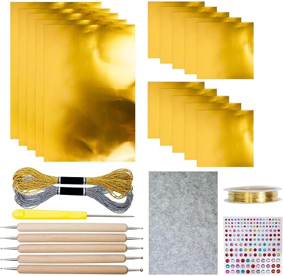 15Pcs Foil Paper Art Foils Sheet - Gold/Silver Foils Sheets, Decorative Metal Sheet Embossing Tools, with 2 Rolls Wire, Engraving Tools, Artwork Making Kit, for Painting Gilding Crafting Decoration