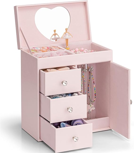 VLANDO Musical Jewelry Box for Girls - Valentines Day Gift for Kid - Large Kid Music Box with Ballerina for Birthday Bedroom Decor, 4 Layer Girl Jewelry Gifts for Girls Kids - Light Pink