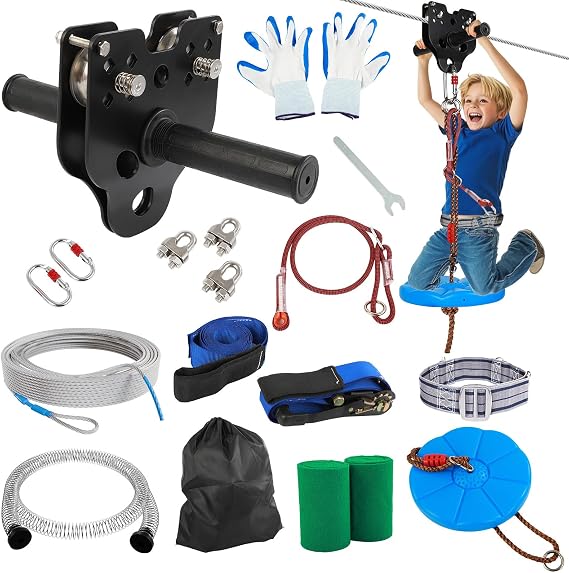 FAHKNS Zipline for Backyard Kids and Adults: 100FT Zipline Kit Outdoor | Up to 400LBS|Easy-to-install|Removable Trolley|Quick Tighten|6FT Spring Brake|Height Adjustable Seat