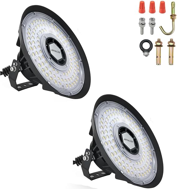 ANTENLICHT 2 Pack 200 W UFO LED High Bay Light 5000 K Cool White Indoor Spotlight LED 170 LM/W IP65 Waterproof Industrial Lamp with U-shaped Mounting Bracket for Factories Garage Warehouse [Energy Class B]