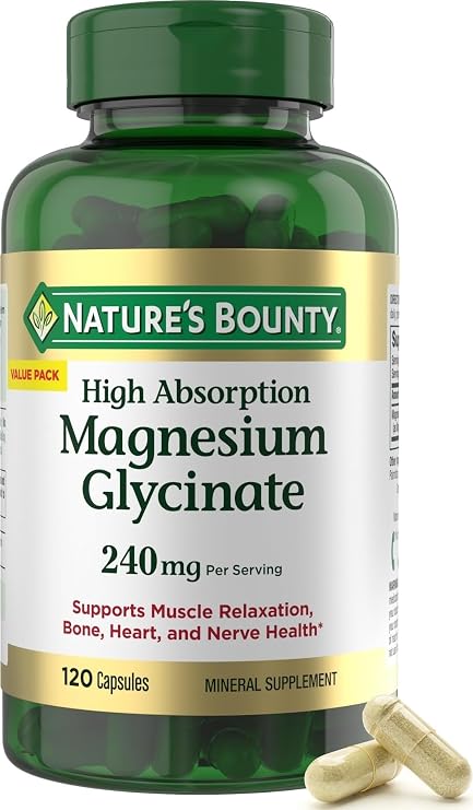 Natures Bounty High Absorption Magnesium Glycinate 240 mg for Supporting Muscle Relaxation and Bone, Heart & Nerve Health Non-GMO, Gluten-Free, Vegetarian, 120 Count/60 Servings