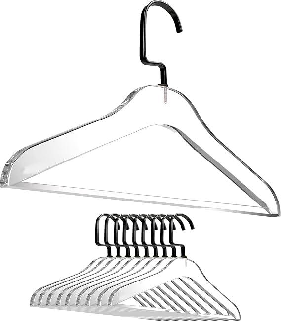 Clear Acrylic Clothes Hangers - 10 Pack Stylish and Heavy Duty Closet Organizer with Chrome Plated Steel Hooks - Non-Slip Notches for Suit Jacket, Sweater - by Designstyles (Black Pants Bar)