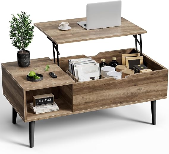 Sweetcrispy Coffee Table Lift Top Coffee Tables for Living Room,Small Rising Wooden Center Tables with Storage Shelf and Hidden Compartment, Grey
