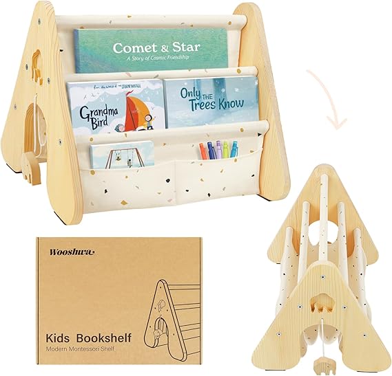 Wooden Children's Bookcase, Montessori Sling Book Rack, Terrazzo
