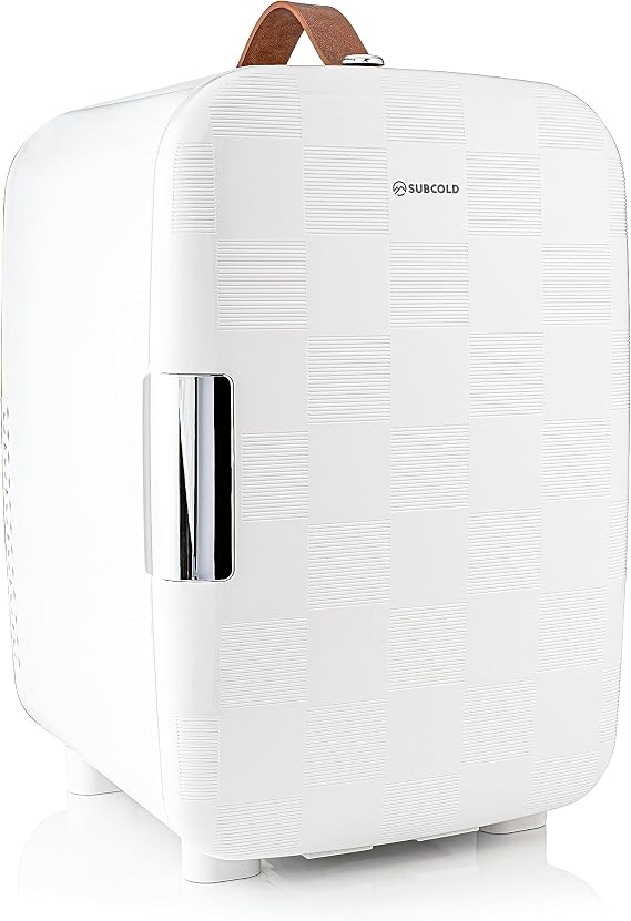 Subcold Pro15 Luxury Mini Fridge Cooler | Compact 15L Portable Small Fridge 12v & 240v | Efficient Quiet Cooling System | Ideal for Bedroom, Office, Beauty & Car (Chequer White) [Energy Class E]