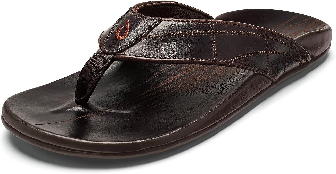 OluKai Hokule'a Kia Men's Leather Sandal, Full-Grain Leather | Non-Marking Rubber Traction Pads & Compression Molded Footbed