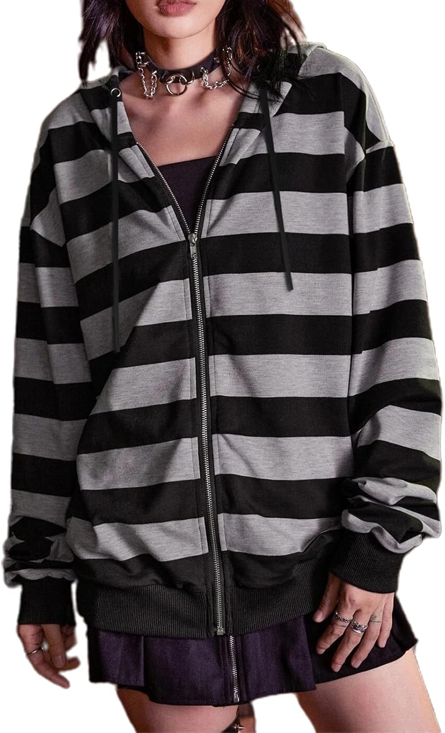YEMOCILE Womens Striped Zip Up Hoodie Casual Drawstring Long Sleeve Loose Fit Coat Sweatshirt Street Wear