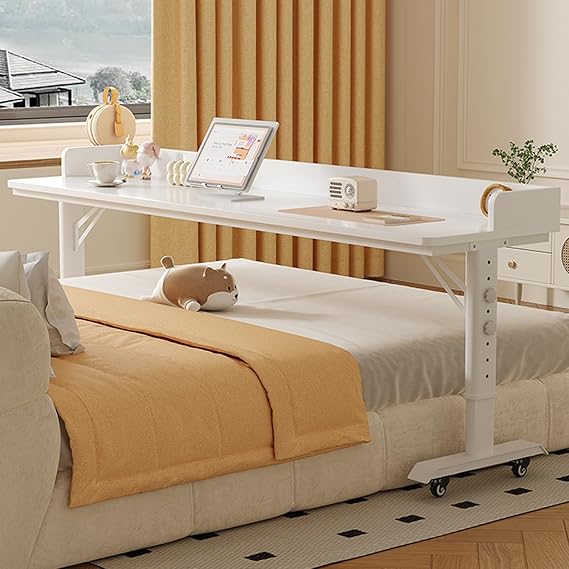Mobile Overbed Table with Wheels, Over Bed Table Adjustable Height, Bedside Table with Baffles, Wood Laptop Cart Computer Desk for Bedroom Study Living Room(210x50cm/82.6x19.6in)