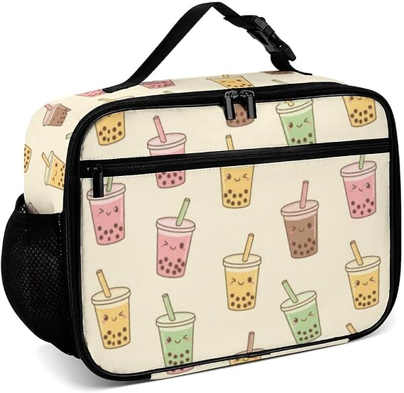 Bubble Milk Tea Reusable Lunch Box Insulated Lunch Bag Cooler Bag Lunchbox Meal Food Container Tote Bag for Women Kids Girls Boy School Camping Hiking Picnic Beach Travel