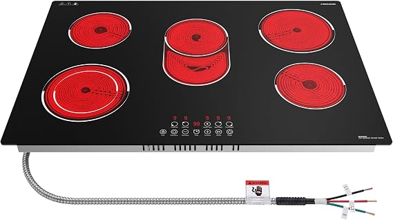 FIREGAS 30 Inch Electric Cooktop 5 Burners, Built-in Ceramic Stove Top with Matte Glass & Touch Control, 30" Radiant Electric Cooktop with