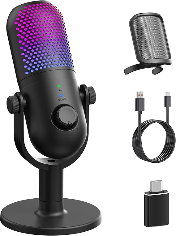 USB Microphone for PC Gaming: Condenser Microphone RGB with Stand Mic - Recording Mic for Computer & Laptop with Quick Mute - Desk Podcast Mic for Podcast & Singing & Streaming & Youtube Black