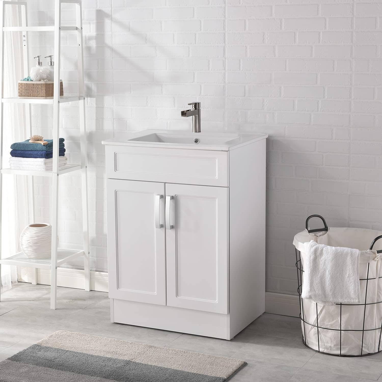 Bathroom Vanity with Sink,White 24 Inch Bathroom Cabinet Floor Double Door Small Vanity Cabinet