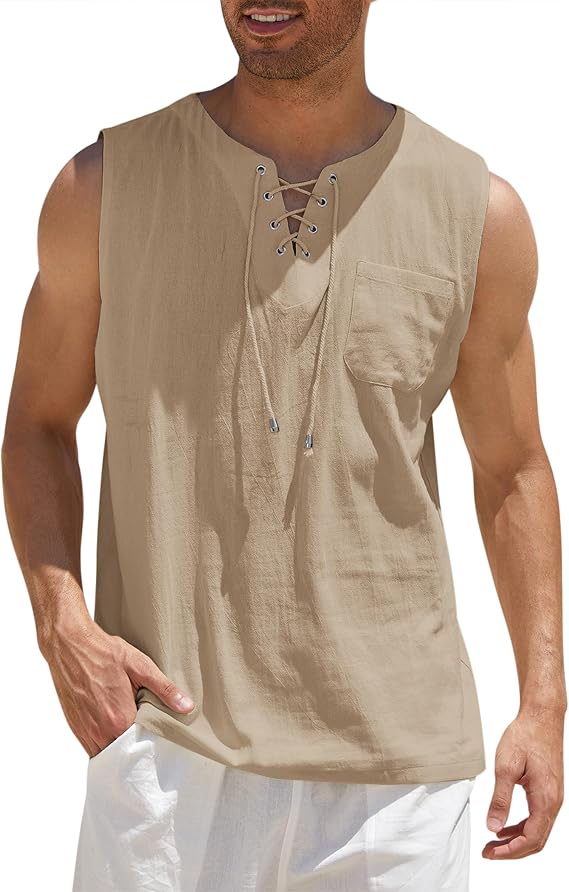 COOFANDY Men's Cotton Linen Sleeveless Shirts Casual Tank Top Beach Tunic | Lace-Up V Neck Cut Off Shirts with Chest Patch Pocket, Bohemian Medieval Renaissance Hippie Shirt for Summer Vacation Crusie