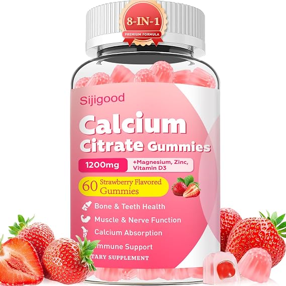 Calcium Citrate Gummies, Calcium Supplements for Women & Men, High Absorption Calcium Gummies with Vitamin D3, Magnesium & Zinc for Muscle, Bone & Immune Support, Strawberry Flavor, 60 Count