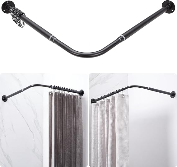 L Shaped Corner Shower Curtain Rod, Adjustable [24.3" - 47.6"] x [24.3" - 47.6"] 90 Degree Square Shower Curtain Rod with 12 Hooks & Ceiling Support for Bathroom Bathtub - Matte Black
