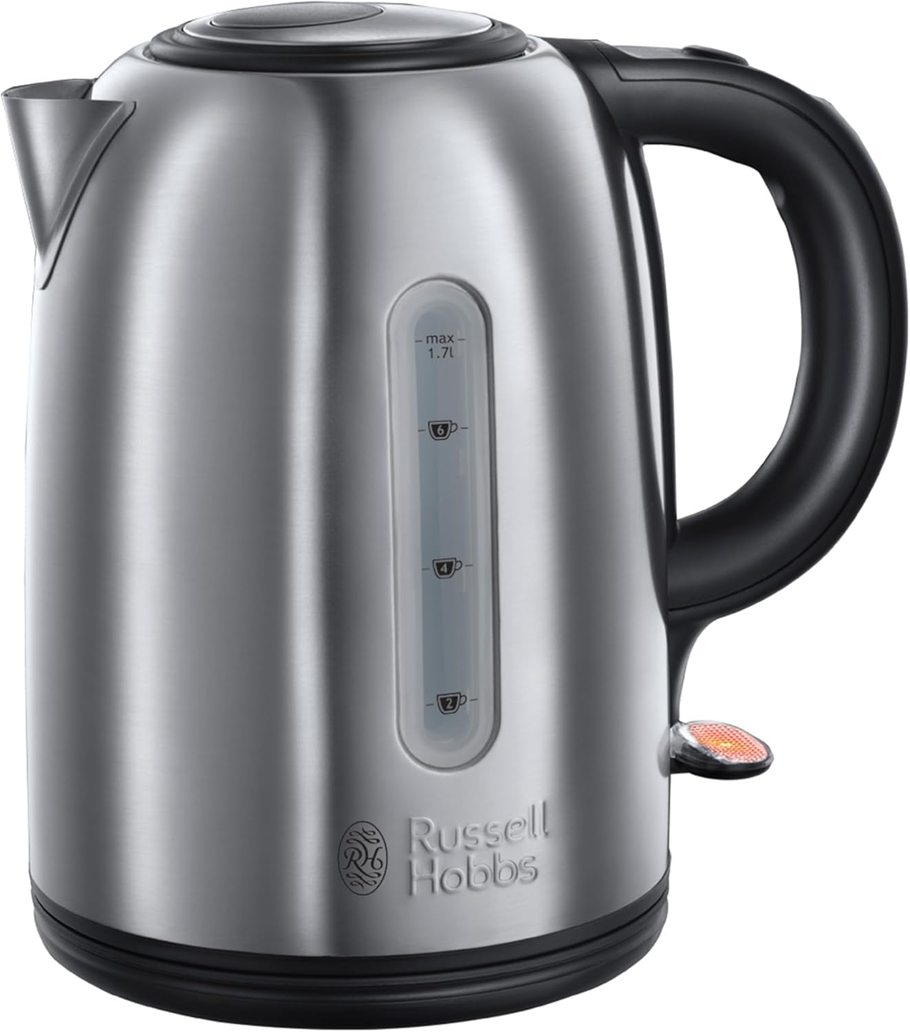 Russell Hobbs Brushed Stainless Steel & Black Electric 1.7L Cordless Kettle Fast Boil 3KW, Removable Washable Anti-Scale Filter, Push to Open lid, Perfect Pour spout 20441