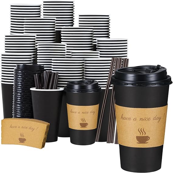 Lamosi 16 oz Coffee Cups 50 Pack, Disposable To Go Paper Cups with Lid | Hot Insulated Cups with Lids, Stir Sticks and Sleeves for Cold Drinks, Tea and Latte, Cafe, Travel and Home Use