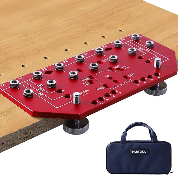RUITOOL 7-Hole Shelf Pin Jig, 2-in-1 Shelf Pin Drilling Jig and Hinge Guide | Shelf Jig, Cabinet Hardware Jig Tool Drill Guide, All-Metal Body, Built-In Clamp, 1/4" and 5 mm Bits, 35 mm Concealed Hinges