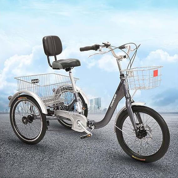 Three Wheel Bike Outdoor Adult Tricycle Folding Cruiser Bike with Cargo Basket 7-Speed for Recreation Shopping Exercise Men's Women's Bicycles Cycling Pedalling