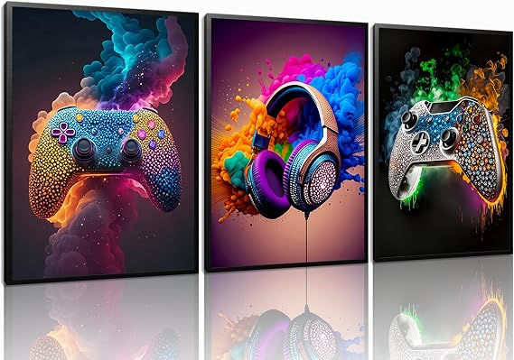 SEHSUVC Game Posters Wall Art Set of 3, Gaming Room Teen Gamer Neon Wall Decor Paintings, Video Accessories Canvas Picture Prints for Boys kids Room Bedroom Decor 16x24 In Unframed