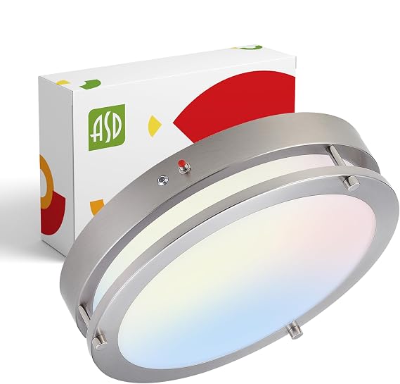 ASD LED 14" Round Flush Mount Lighting, Close to Ceiling Light Fixture | 3CCT, Dimmable, Battery Backup, ETL Listed | 21W 1854LM 3000-5000K 100-277V | Low Profile Double Ring Lamp | Nickel